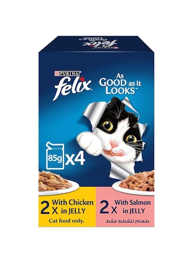 Felix Purina As Good As It Looks Adult Cat Food in Jelly (2x 85g Chicken Pouches + 2x 85g Salmon Pouches)