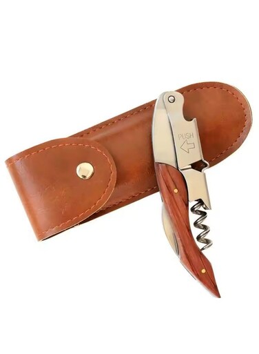 Opener with Leather Cover Professional Corkscrews for Wine Bottles w/ Foil Cutter and Cap Remover - Manual Wine Key for Servers, Waiters, Bartenders and Home Use - Classic Rosewood