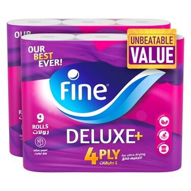 Fine Deluxe+ Toilet Paper Rolls 4 Ply 140 Sheets 9 Rolls, Pack of 2