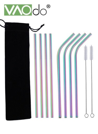 10PCS Reusable Stainless Steel Metal Straws with with Storage Bag Long Drinking Straws with 2 Cleaning Brushes Included Multicolor