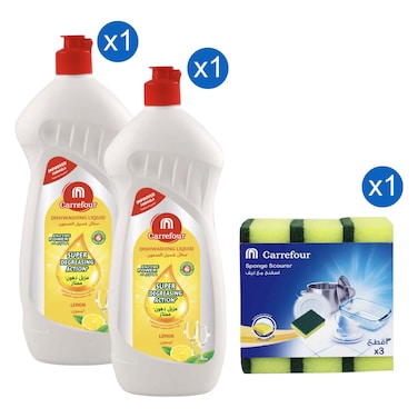Carrefour Super Degreasing Action Dishwashing Liquid, Lemon, 600ml Pack of 2 with Sponge Scourer