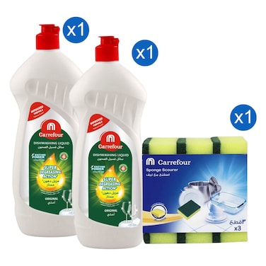 كارفور سوبر ديجريسينج أكشن سائل غسيل الصحون مزيل للدهون ممتاز بعطر أصلي مع إسفنجة تنظيف 600 ملل حزمة من 2