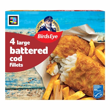 Birds Eye 4 Large Battered Cod Fillets, 400g