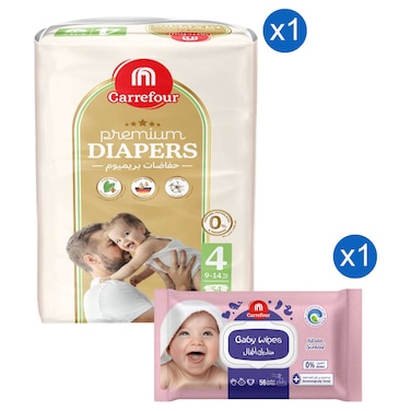 Carrefour Premium Baby Diapers, Size 4 (9-14 kg), 54 Count + Advanced Tech and Scented Baby Wipes 56 Wipes