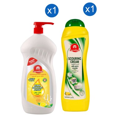 Carrefour Super Degreasing Action Dishwashing Liquid, Lemon, and Scouring Cream Cleaner with Micro Crystals, Lemon, 1.25L+750ml