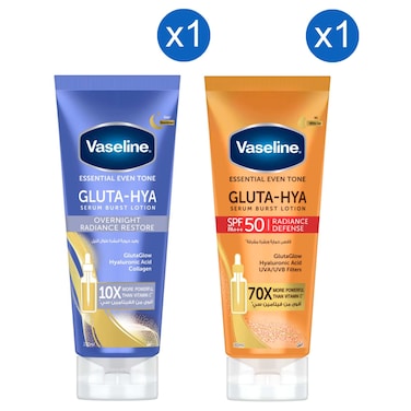 Vaseline Essential Even Tone Gluta-Hya Overnight Radiance Restore Serum Burst Lotion, 200ml  + Vaseline Essential Even Tone Gluta-Hya Radiance Defense Serum Burst Lotion SPF50, 180ml