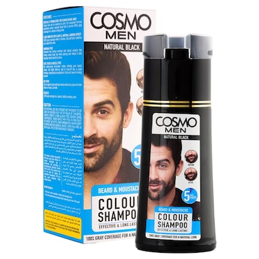 Cosmo Beard and Moustache Colour Shampoo for Men, Natural Black, 180ml