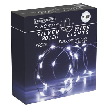 Christmas 80 LED Silver Wire Lights, White, 395cm, IP44