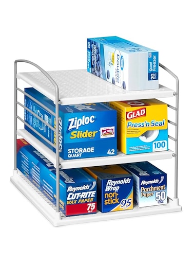YouCopia UpSpace Adjustable Box Organizer for Foil, Wrap, and Kitchen Cabinet Storage, Original, Space-Saving Rack with Non-Slip Base, Easy Assembly, White