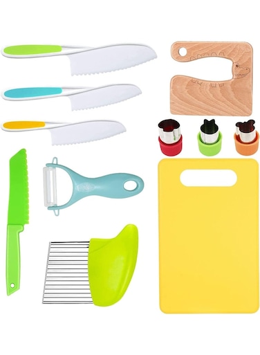 Safe Knife Set for Cooking, 11 Pcs Toddler Kitchen Tools with Wooden Knife, Plastic Serrated Knives, Crinkle Cutter, Peeler, Cutting Board, Fruit Shape Cutters for Kids Learning