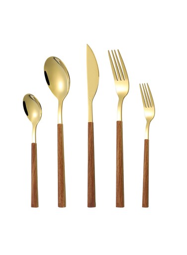 5-Piece Faux Wood Grain Handle Stainless Steel Flatware Cutlery Set For Home Office Restaurant