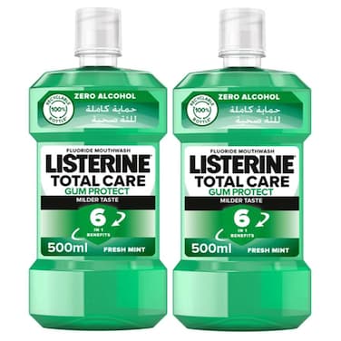 Listerine Zero Alcohol Total Care Gum Protect Milder Taste Fluoride Mouthwash Super Saver Pack, Fresh Mint, 500ml Pack of 2