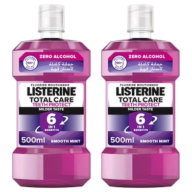 Listerine Zero Alcohol Total Care Teeth Protect Milder Taste Fluoride Mouthwash Super Saver Pack, Smooth Mint, 500ml Pack of 2