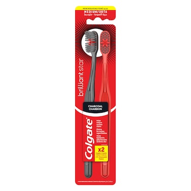 Colgate Brilliant Star Charcoal Medium Toothbrush, Pack of 2