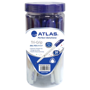 Atlas Tri-Grip 0.7mm Fine Blue Ink Ball Pen, 30 PCS
