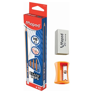 Maped Black' Peps HB Pencil Box, 1 Box with Sharpener, 1 PCS and Erasers, 1 PCS