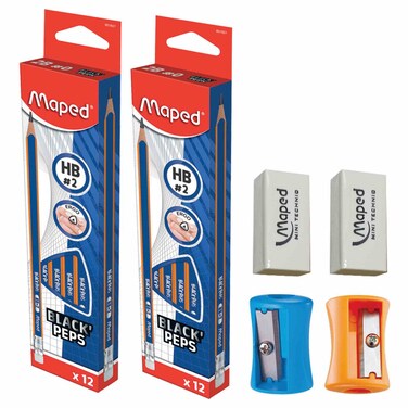 Maped Black' Peps HB Pencil Box, 2 Box with Sharpener, 2 PCS and Erasers, 2 PCS