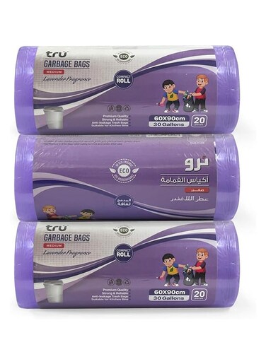 tru Lavender Scented Garbage Bags Compact Roll 60x90cm - Pack of 3