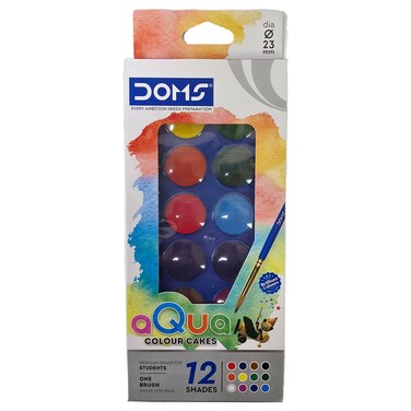 Doms Aqua Watercolour Cakes with Brush, 12 Shades, 23mm