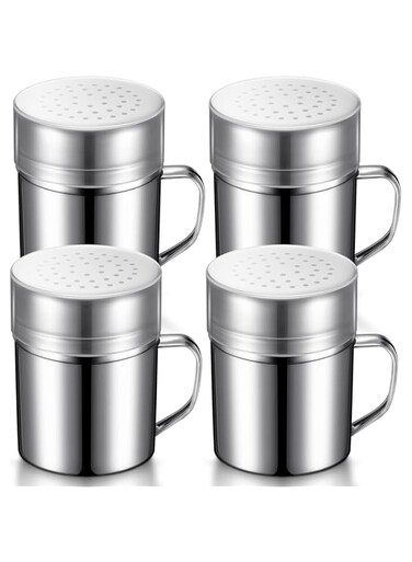 Romooa 4 Pieces Stainless Steel Dredges Bulk Spice Shaker Seasoning Pepper Bottles with Handles and Lids Powder Sugar Shaker Duster for Cooking Kitchen Baking Candy Spice Powder Sugar Popcorn(Middle)
