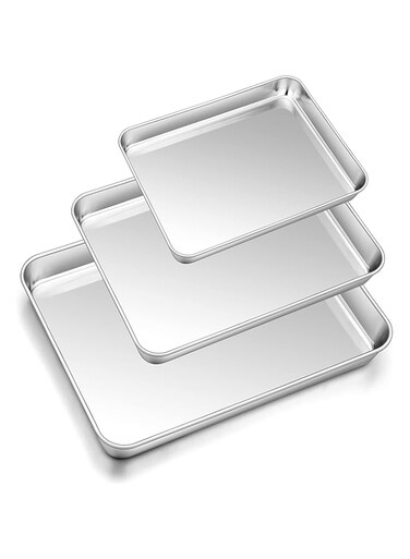 Herogo Baking Tray Set of 3, Stainless Steel Oven Tray Set, Professional Baking Roasting Cooking Serving Sheet Pan for Home Restaurant Hotel, Non-Toxic &amp; Mirror Finish, Dishwasher Safe, Metal Silver