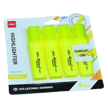 Deli Accent Chisel Tip Highlighter, Yellow, 4 PCS