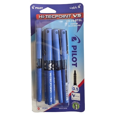 Pilot V5 Hi-Tecpoint 0.5mm Roller Ball Pen, Blue, 6 PCS