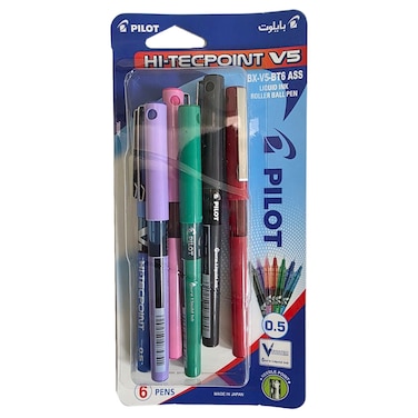 Pilot V5 Hi-Tecpoint 0.5mm Roller Ball Pen, Assorted, 6 PCS