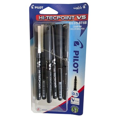 Pilot V5 Hi-Tecpoint 0.5mm Roller Ball Pen, Black, 6 PCS