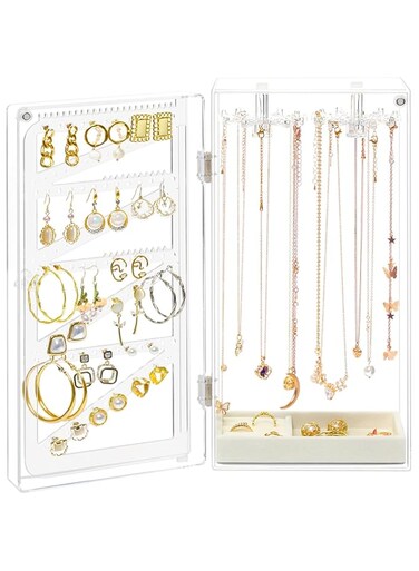 MAKINGTEC Acrylic Jewelry Holder Organizer Box, Necklace Organizer Earring Holder Stand, Rotating 24 Hooks Clear Hanging Rack Storage Tree Display with Velvet Tray For Bracelets Rings, Gift for Her