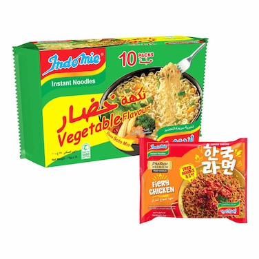 إندومي نودلز سريعة التحضير بنكهة الخضار 75 غرام حزمة من 10  مع نودلز مقلية بنكهة دجاج ناري 94 غرام