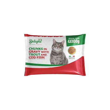 Delight Chunks in Gravy with Trout and Cod Fish, 100g Pack of 4