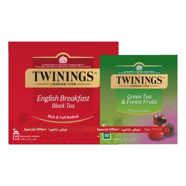 Twinings English Breakfast Black Tea 50 Tea Bags with Green Tea and Forest Fruits Tea Bags 10 Tea Bags
