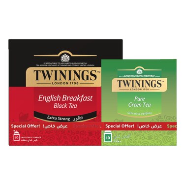 Twinings Extra Strong English Breakfast Black Tea 50 Tea Bags with Pure Green Tea 10 Tea Bags