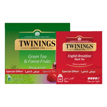 Twinings Green Tea and Forest Fruits Tea Bags 50 Tea Bags with English Breakfast Black Tea 10 Tea Bags