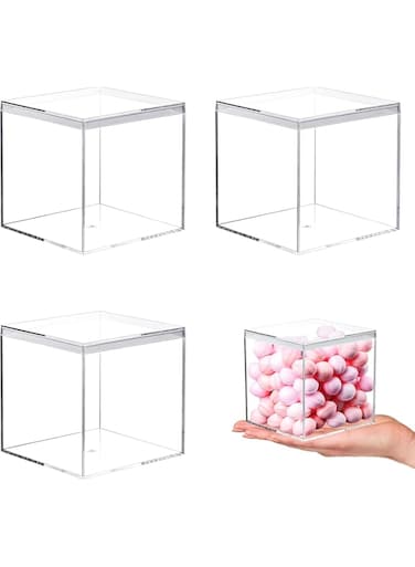 Fohome 4 Pack Clear Square Acrylic Box,3.3x3.3x3.3Inch Display Box with Lid,Acrylic Display Case for Small Items,Mini Lego Display Case