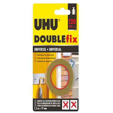 UHU Doublefix Universal Double-Sided Mounting Tape, White, 1.5m x 19mm