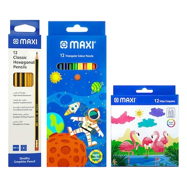 Maxi Classic Hexagonal Pencil, 12 PCS with Triangular Colour Pencil, 12 PCS and Wax Crayons, 12 PCS
