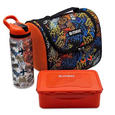 Maxi Insulated Lunch Bag Set with Lunch Box and Water Bottle, Black
