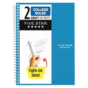 Mead Five Star 2 Subject Notebook, 80 Sheet
