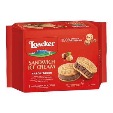 Loacker Napolitaner Mini Sandwich Ice Cream with Hazelnut and Cocoa Swirl, 66g Pack of 4