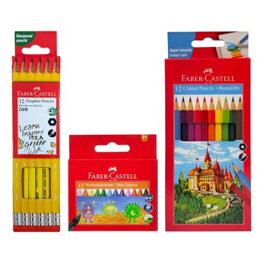 Faber-Castell Wax Crayons, 12 PCS with Colour Pencil, 12 PCS and 2HB Graphite Pencils, 12 PCS
