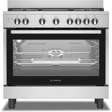 Ariston 90CM Gas Cooker, 5 Burners, Built-in Air Fryer, Fan-Assisted Oven, Self-Cleaning, Auto Ignition, Safety Valve, Cast Iron Support, Stainless Steel &ndash; ARR9GGF23129XME
