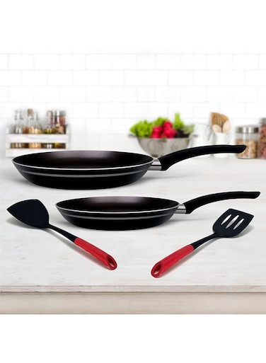 Rossetti&reg; Milano 4 Piece Made in Italy Quality Non-Stick Frying Pan Set, 22cm Frypan + 26cm Frypan + Regular Turner + Solid Turner Dishwasher Safe PFOA-free Black Cookware Set Frying Pans