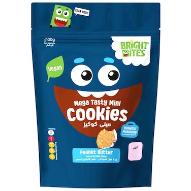 برايت بايتس ميغا تيستي ميني بسكويت بنكهة زبدة الفول السوداني والكراميل المملح، 100 غرام