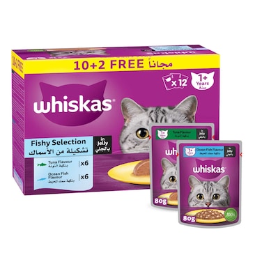 Whiskas Fishy Selection in Jelly Wet Cat Food Pack of 10+2x80g Pouches