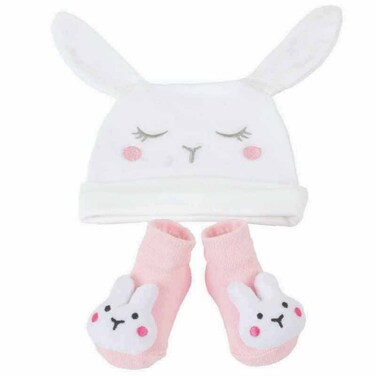TC Bunny Baby Hat and Socks Gift Set, Pink, 2 Piece Set