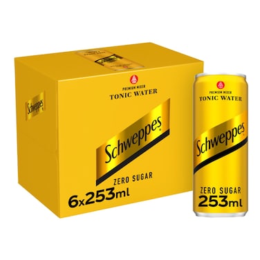 Schweppes Zero Sugar Tonic Water Mixer Drink Can, 253ml Pack of 6