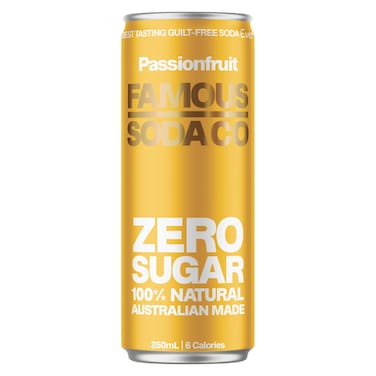 Famous Soda Co Zero Sugar Passionfruit Flavour Soda Can, 250ml