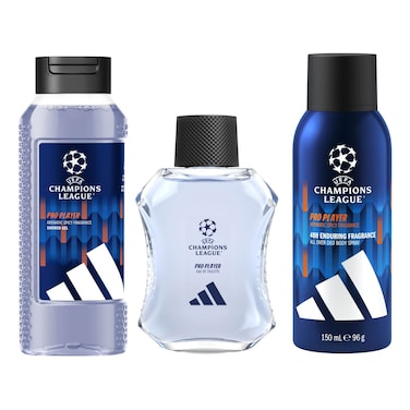 أديداس مجموعة دوري أبطال أوروبا UEFA برو بلاير تتكون من أو دو تواليت 100 ملل + بخاخ مزيل عرق للجسم 150 ملل + جل استحمام 3 في 1 250 ملل